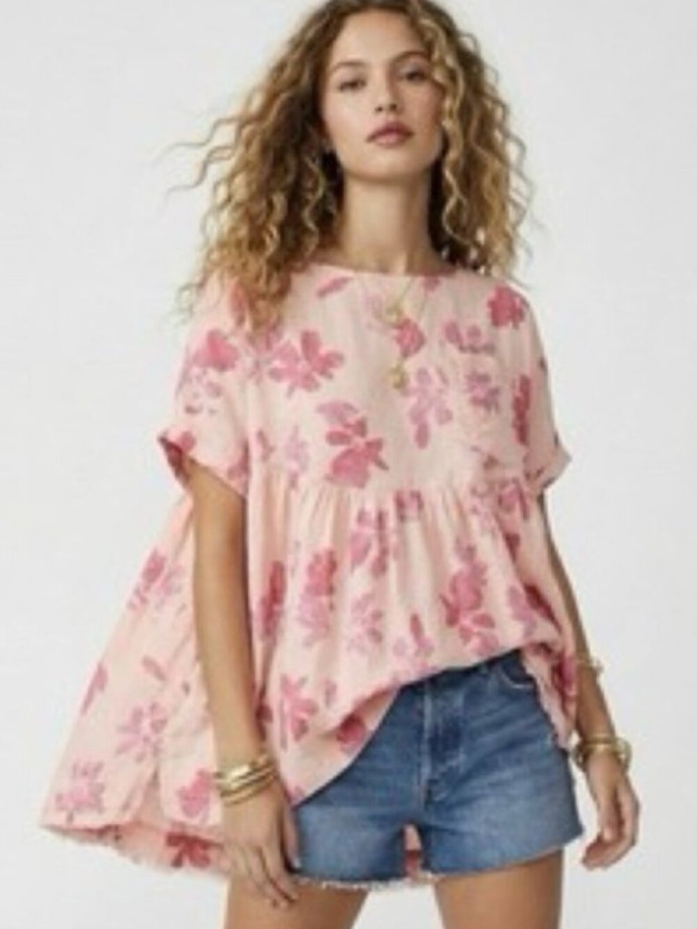 Free People We the Free Moon‎ City Top pink floral oversized babydoll S